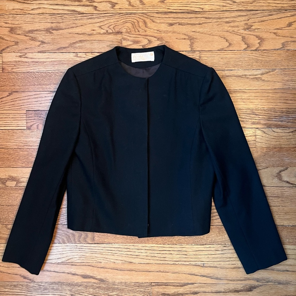 Vintage Pendleton Black Wool Cropped Blazer Jacket USA 100% Virgin Wool Classic